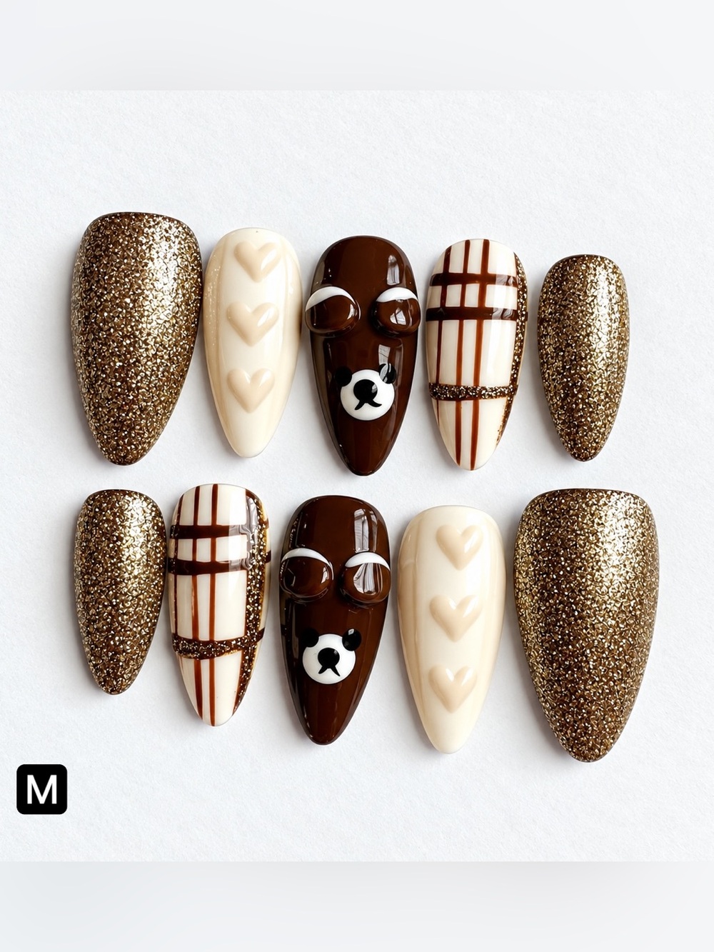 Warm Teddy Bear Press-On Nail Set in Brown & Gold